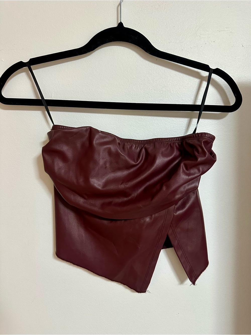 Women’s Asymmetrical Burgundy Faux Leather Strapless Top